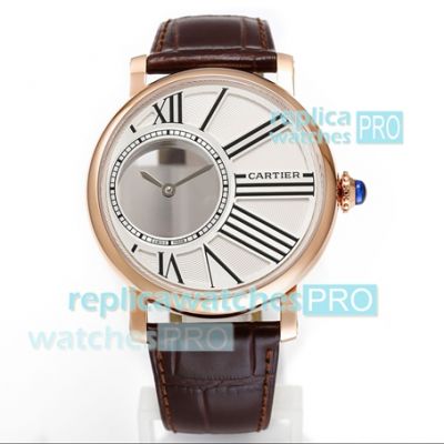Swiss Rotonde De Cartier Replica Rose Gold Watch White Dial Brown Leather Strap 42.5MM